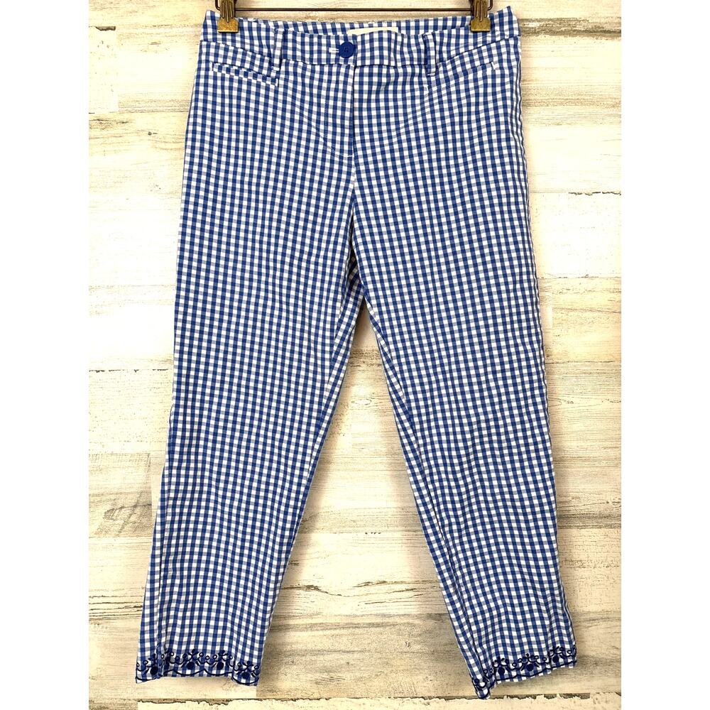 Talbots Womens 4 Petite Blue White Gingham Embroidered Hem Summer Crop Pants